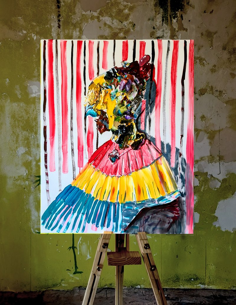 Pellscape painting by Marianna M. O'Reilly, a vibrant portrait made with recycled paint skins